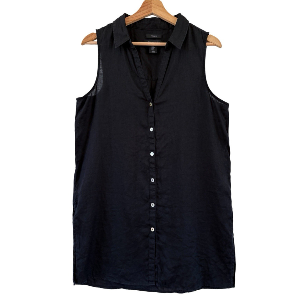 TAHARI 100% Linen Black Sleeveless Button Front Tunic Blouse Collared Womens M